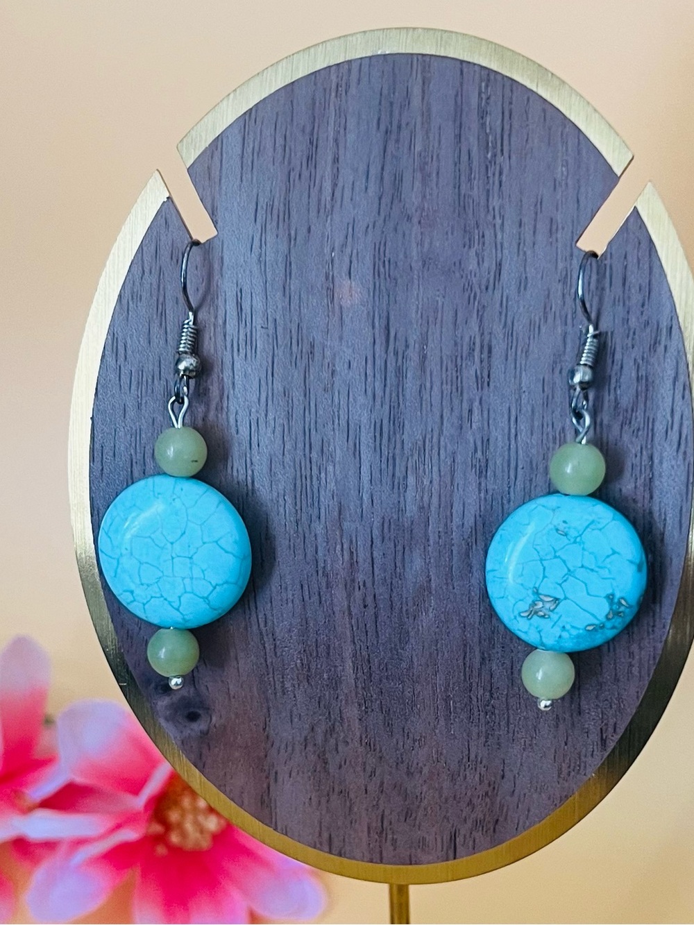 Round Turquoise silver plated earrings with green beads